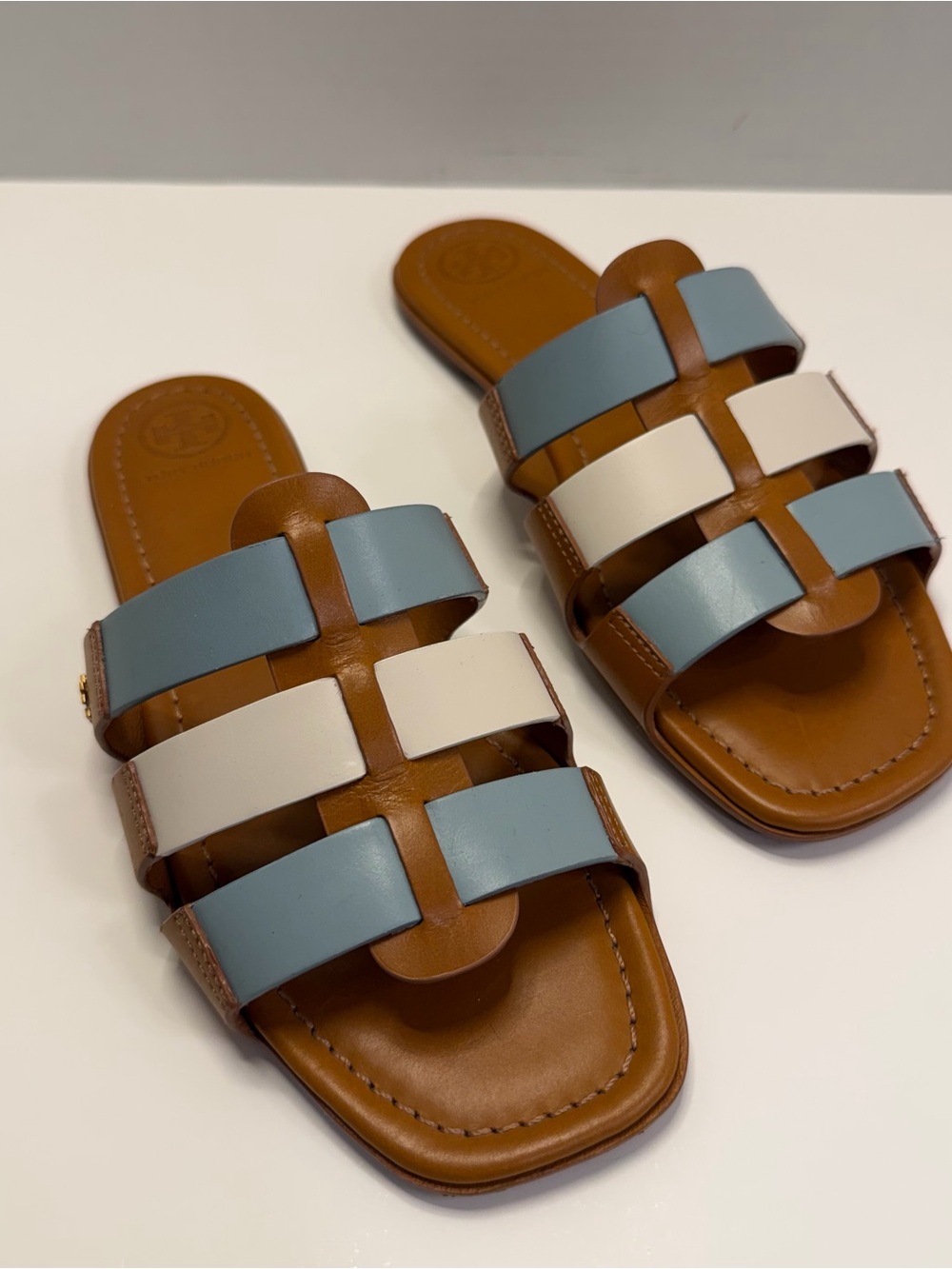 Tory Burch Multi Strap Slide Sandals Leather Blue White Brown Size 7 - Picture 4 of 13